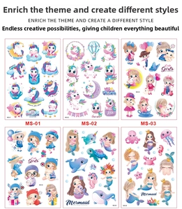 Detailed grid showing 6 cartoon temporary tattoo sets with unicorn and mermaid themes