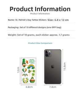 Size comparison of St. Patrick's Day temporary tattoo stickers with a mobile phone