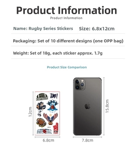 Football tattoo stickers size comparison showing 6.8x12cm sheets next to a smartphone