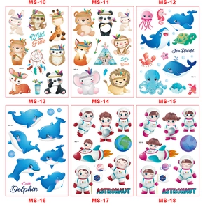 Detail of waterproof cartoon tattoo stickers featuring jungle animals and space themes