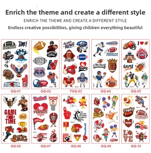 Detailed grid showing 10 American football temporary tattoo sheets with various sports motifs
