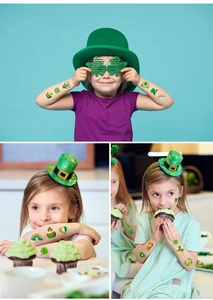 Detail of St. Patrick's Day temporary tattoos with shamrocks and leprechauns for kids