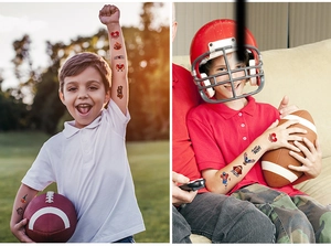 Close-up of kids wearing American football temporary tattoos with sport motifs and slogans