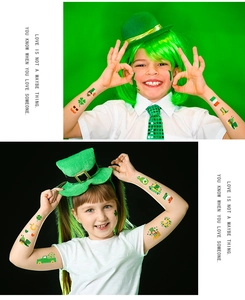 Detailed view of St. Patrick's Day temporary tattoos with clovers and leprechaun hats