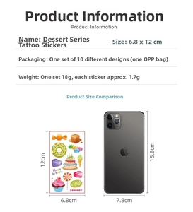 Size guide for dessert tattoo stickers with a 6.8x12cm sheet compared to a phone