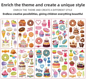 Detailed set of 10 colorful dessert themed waterproof tattoo stickers for kids parties