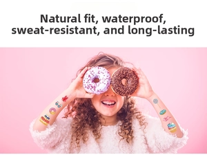 Detailed view of waterproof dessert tattoo stickers on a child’s arm for birthday parties