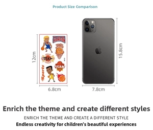 Size comparison of a 12x6.8cm basketball cartoon tattoo sticker next to a smartphone