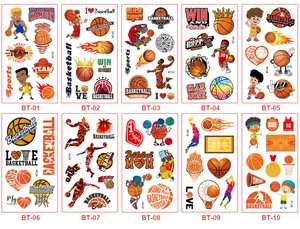 Detail view of 10 sheets of waterproof cartoon basketball temporary tattoos for kids