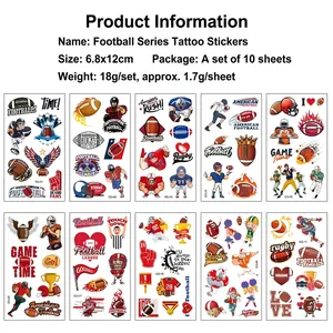 Set of 10 American football temporary tattoos with player and helmet designs for fans
