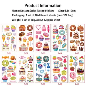 Set of 10 colorful dessert temporary tattoos with donuts and cakes for kids parties