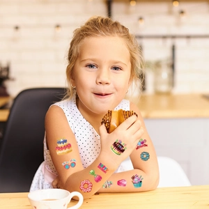 Waterproof dessert cartoon tattoo stickers for kids featuring cake and donut designs