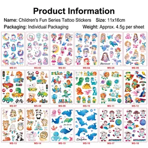 Waterproof children's cartoon tattoo stickers set with 18 cute assorted themes 11x16cm