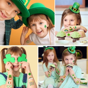 Kids St. Patrick's Day temporary tattoo set featuring clovers and rainbows for parties