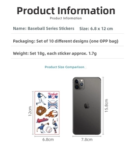 Size comparison of baseball temporary tattoo stickers next to a mobile phone
