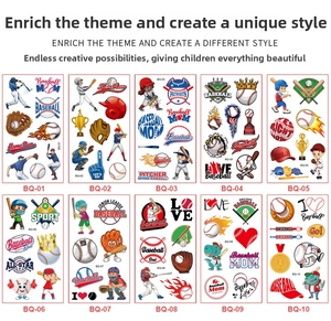 Detailed sheet collection of baseball themed waterproof temporary tattoos for children