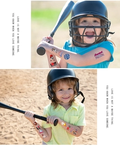 Kids baseball temporary tattoos featuring Baseball MOM and LOVE motifs on children arms