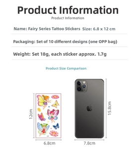 Comparaison de taille d'autocollants fée des fleurs montrant les dimensions de 6,8x12cm