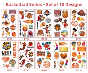 Lot détaillé de 10 tatouages temporaires de basketball pour fêtes sportives enfants