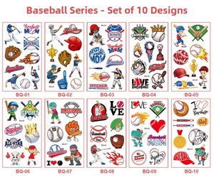 Vue détaillée de 10 tatouages éphémères de baseball pour enfants et fêtes sportives