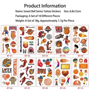 Cartoon basketball temporary tattoo set for kids sports party with slam dunk designs