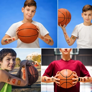 Waterproof basketball themed temporary tattoo set featuring vibrant slam dunk patterns for kids