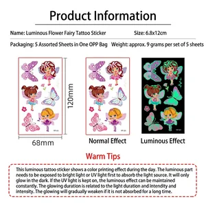 Luminous flower fairy cartoon tattoo stickers for kids showing day and night glow effects
