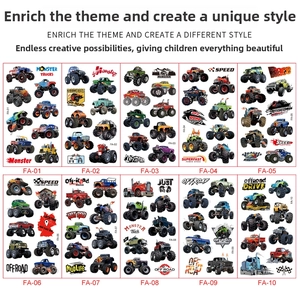 Detailed sheet collection of waterproof cartoon monster truck temporary tattoos for kids