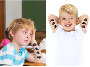 Detail of waterproof monster truck temporary tattoos for kids shown on child's arm