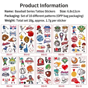 Set of 10 waterproof baseball temporary tattoos for kids with sports cartoon designs