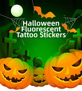 Luminous Halloween tattoo stickers featuring glowing pumpkins, bats, and spiders designs