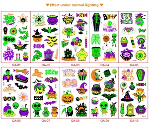 Detailed grid of 10 Halloween glow-in-the-dark temporary tattoos with pumpkin and ghost icons