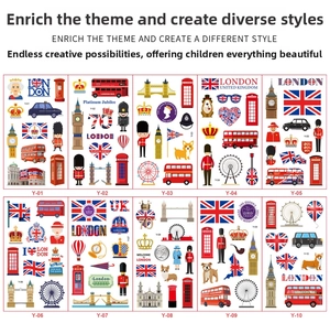 Detailed grid view of ten British theme temporary tattoo sheets with London landmarks