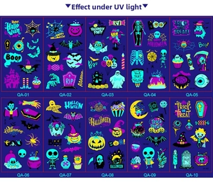 Luminous Halloween temporary tattoos featuring neon pumpkin, ghost and bat patterns