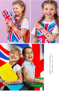 Detail of colorful British flag temporary tattoos featuring London bus and crown for kids