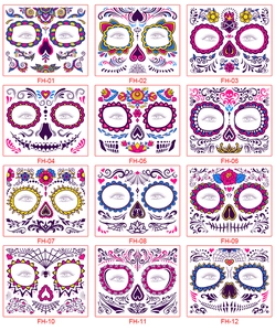 Detailed catalog of 12 fluorescent Halloween face tattoos with skull and floral patterns
