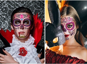 Luminous Day of the Dead face tattoos featuring pink and purple sugar skull floral patterns
