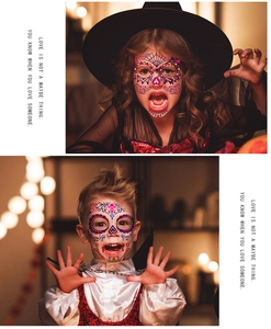 Close-up of kids wearing Day of the Dead floral face tattoos for Halloween parties