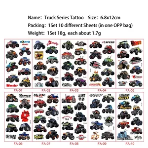 Waterproof monster truck temporary tattoos for kids featuring 10 unique off-road car designs