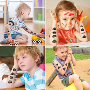 Waterproof monster truck temporary tattoos for kids featuring colorful off-road car designs