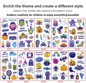 Detailed grid view of 10 diverse cartoon Halloween and holiday waterproof tattoo sticker sheets