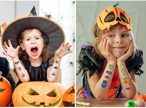 Close-up of kids wearing cartoon Halloween temporary tattoos with pumpkin and bat designs