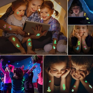 Luminous kids temporary tattoos featuring glowing dinosaurs and mermaids for night parties
