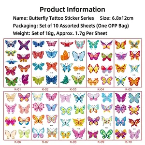 Tatouages temporaires papillon imperméables pour enfants fête pack de 10 feuilles