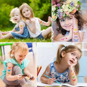 Tatouages temporaires papillon et cœur colorés pour enfants présentés en extérieur ensoleillé