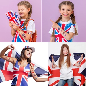 British London themed temporary tattoos with Union Jack clock tower and crown motifs