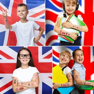 British London themed temporary tattoos with Union Jack and landmarks for kids party