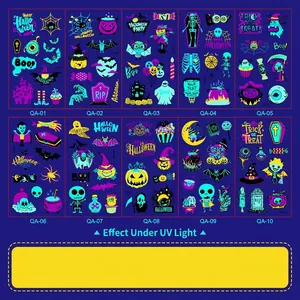 Set of 10 luminous Halloween temporary tattoos with glowing ghosts and pumpkins