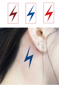 Minimalist lightning bolt temporary tattoo stickers in red and blue on neck skin