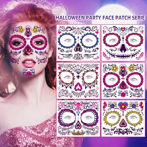 Luminous Halloween Day of the Dead floral skull face tattoos worn by a red-haired model